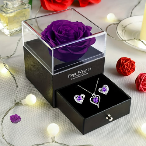 Elegant Heart-Shaped Rose Jewelry Set with Necklace & Earrings