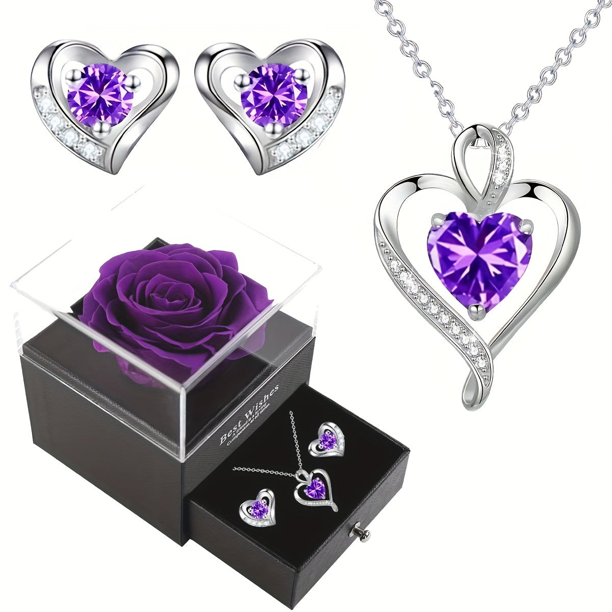 Elegant Heart-Shaped Rose Jewelry Set with Necklace & Earrings