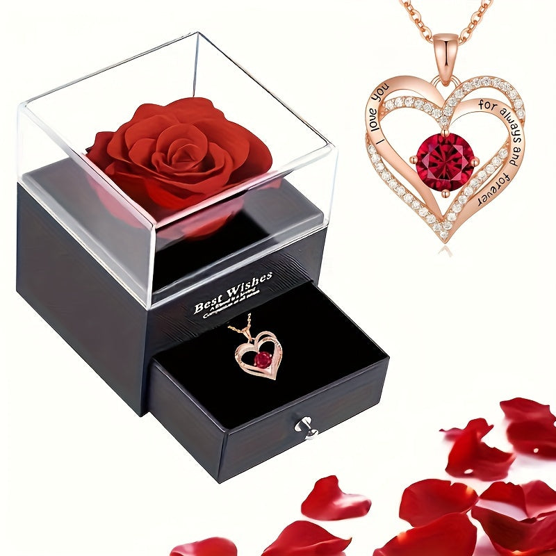 Luxury Red Zirconia Pendant Necklace - Rose Flower Gift Box