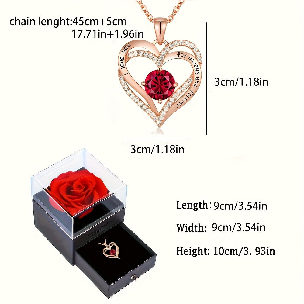 Luxury Red Zirconia Pendant Necklace - Rose Flower Gift Box