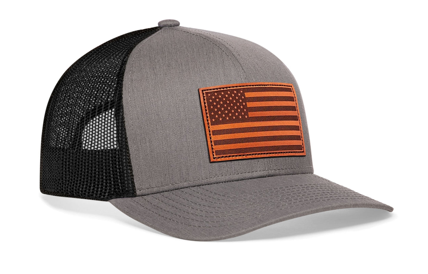 American Flag Trucker Hat Leather | Gray Black USA Snapback