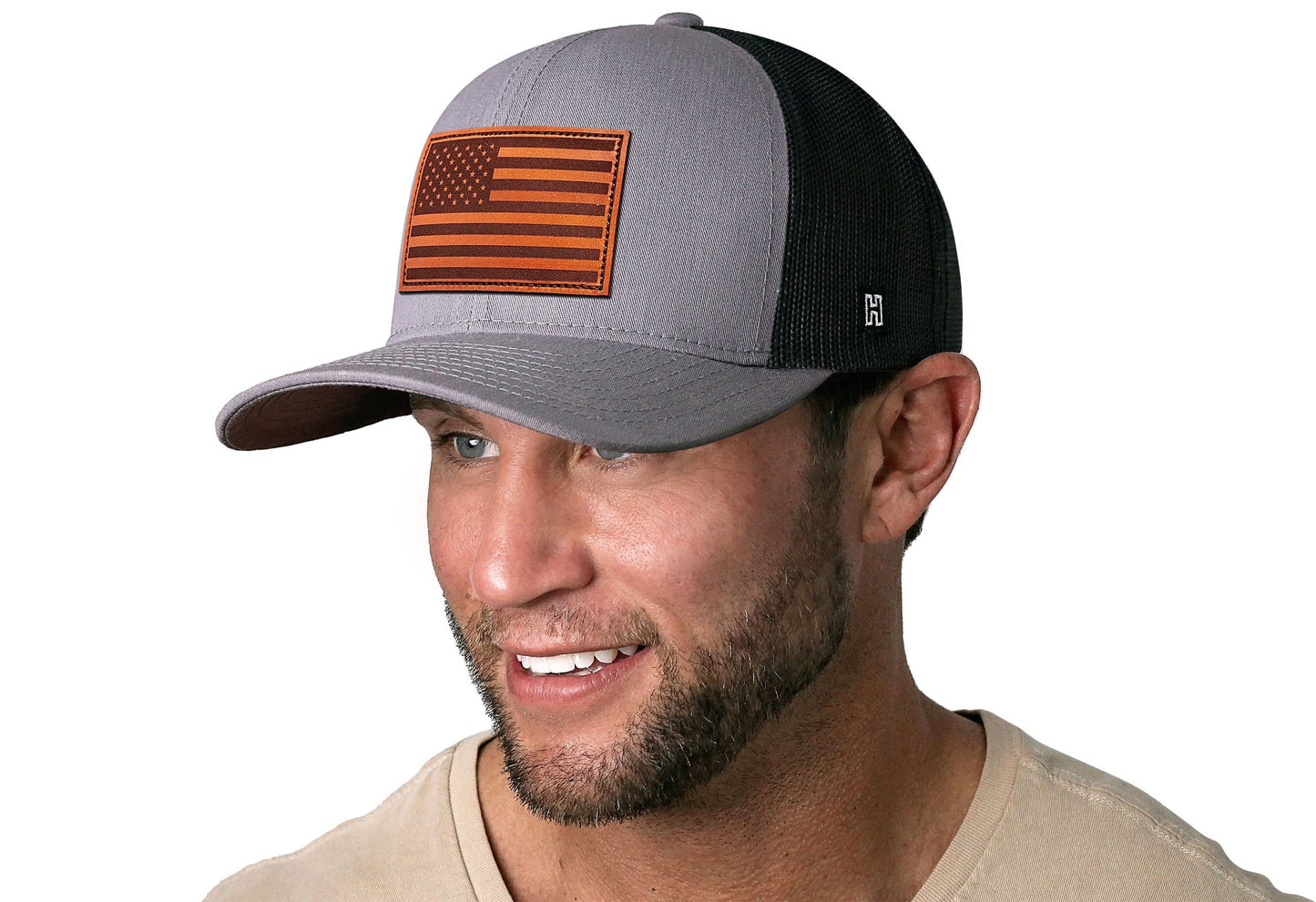 American Flag Trucker Hat Leather | Gray Black USA Snapback