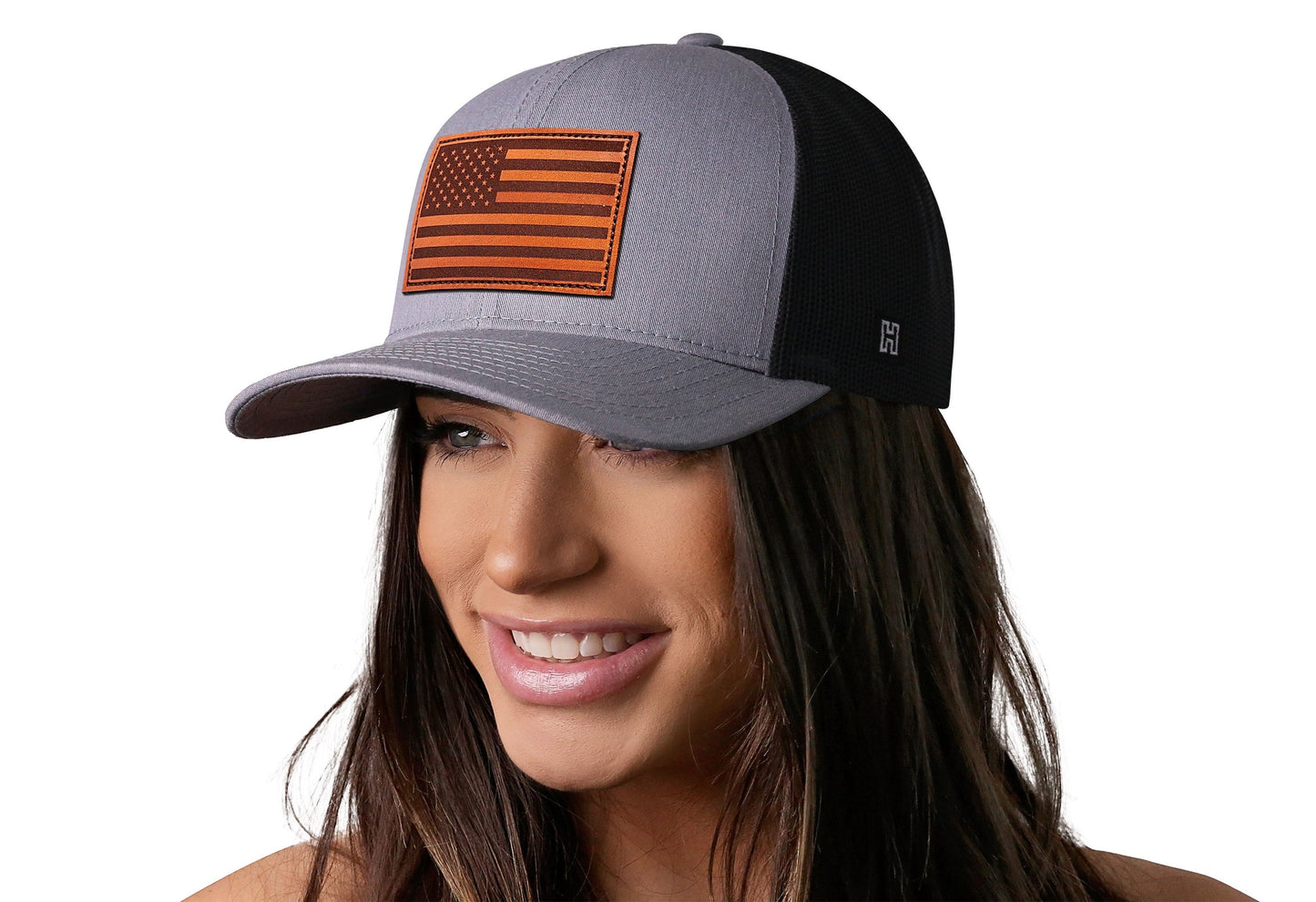 American Flag Trucker Hat Leather | Gray Black USA Snapback