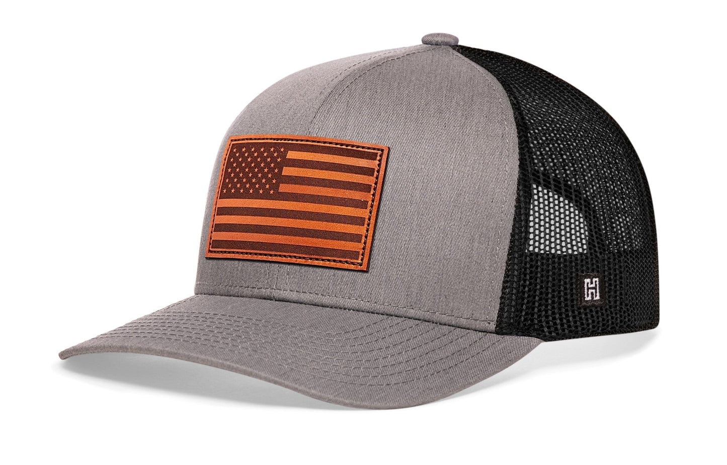 American Flag Trucker Hat Leather | Gray Black USA Snapback