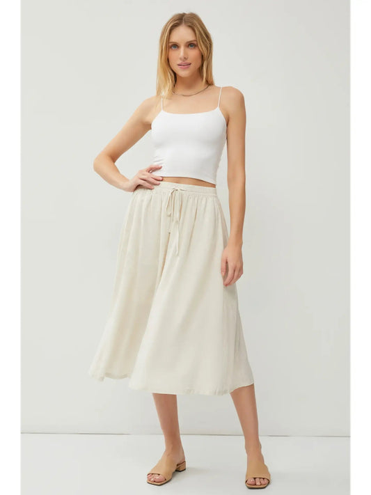 Linen blend drawstring a line flare midi skirts