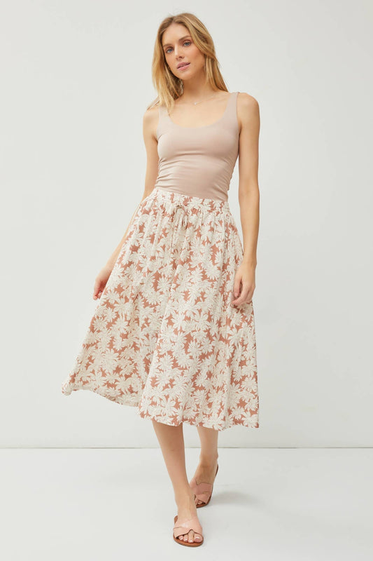 Linen blend drawstring a line flare midi skirts
